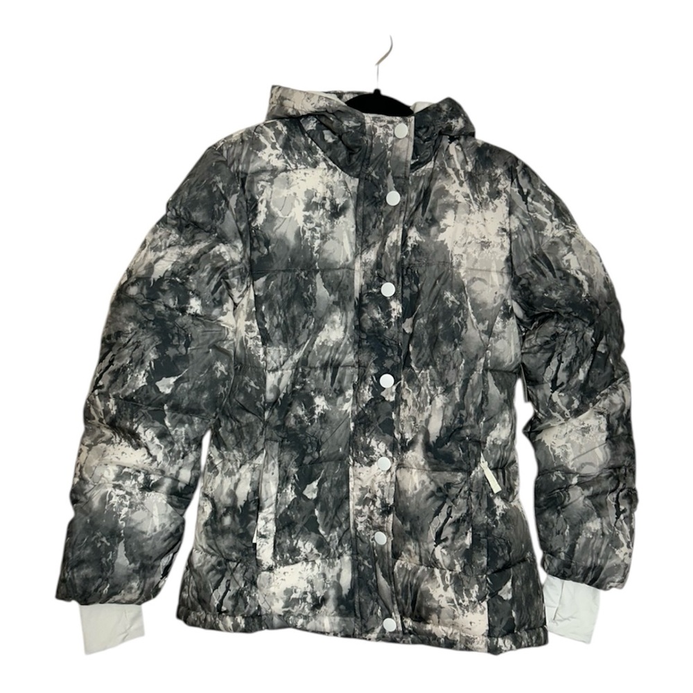 Amazon Essentials Marbled Puffer Jacket Size Medium Zipper & Buttons With Hood